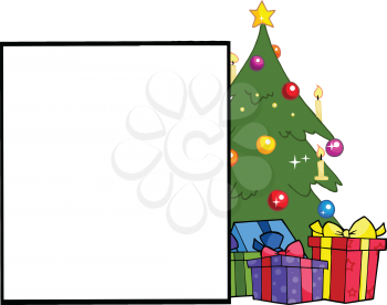 Royalty Free Clipart Image of a Christmas Tree With a Blank Sign Beside It