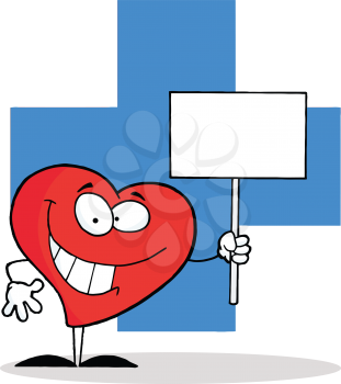 Royalty Free Clipart Image of a Heart Holding a Sign in Front of a Blue Cross