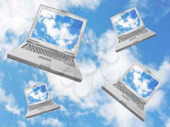 Laptops falling from a blue sky