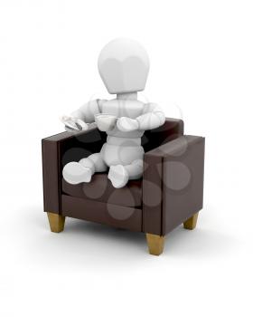 3d render of a man with a coffee sat in an armchair