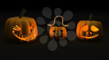 3D render of spooky halloween jack-o-lantern pumpkins