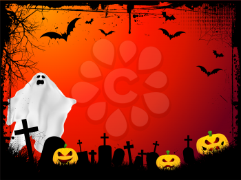 Grunge Halloween background with evil pumpkins and scary ghost