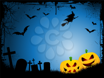 Spooky Halloween background with evil pumpkins and a witch on broomstick