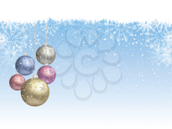 Christmas background of falling snowflakes and hanging baubles