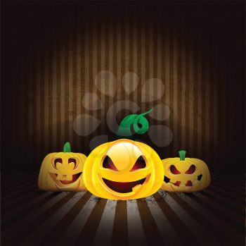 Spooky Halloween pumpkins on a grunge style interior background