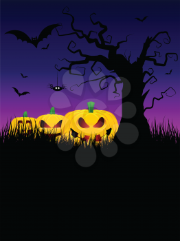 Spooky Halloween background with a scary tree and pumpkins