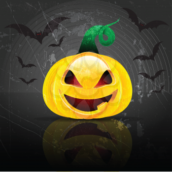 Spooky Halloween pumpkin on a grunge background with bats