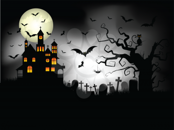 Halloween background with spooky house against a moonlit sky and bats