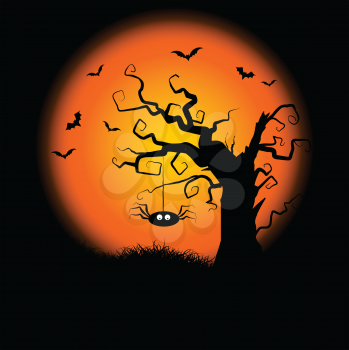 Halloween background with a hanging spider and spooky tree
