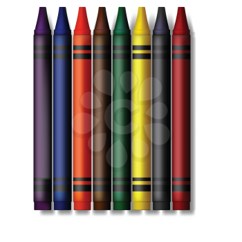 A set of crayons, realistic looking. Purple, blue, orange, brown, green, yellow, black, and red. 
