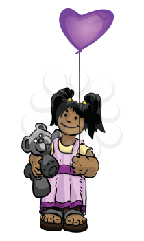 A vector illustration of a happy girl holding a teddy bear and purple balloon.
