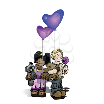 Royalty Free Clipart Image of a Children With Toys and Balloons and Candies 