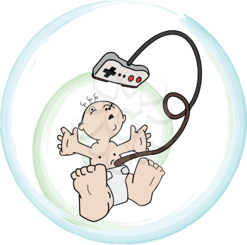 Royalty Free Clipart Image of a Baby With a Remote Control Attached To His Umbilical Cord
