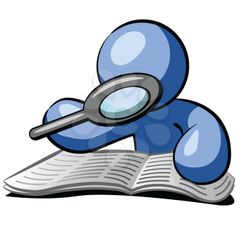 Royalty Free Clipart Image of a Blue Man Reading a Newspaper
