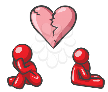 Royalty Free Clipart Image of a Red Couple and a Broken Heart