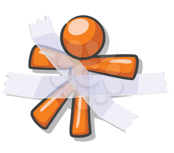 Royalty Free Clipart Image of an Orange Guy Taped Down