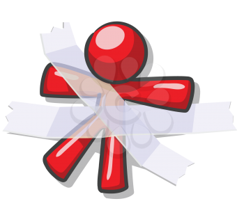 Royalty Free Clipart Image of a Red Guy Taped Down