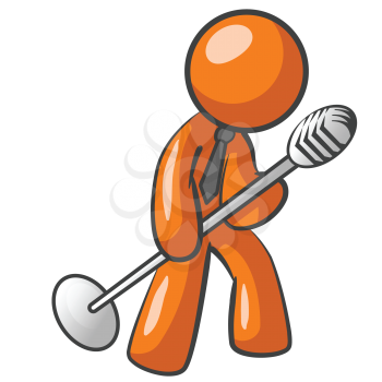 An orange man speaking or yelling or even perhaps singing into a microphone about something intense. 