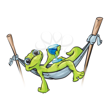 Royalty Free Clipart Image of a Gecko in a Hammock With a Drink
