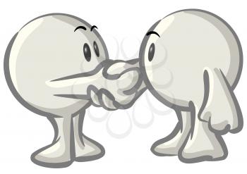 Royalty Free Clipart Image of Two Round Characters Shaking Hands