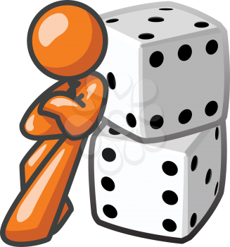 Orange Man leaning against dice, confident.
