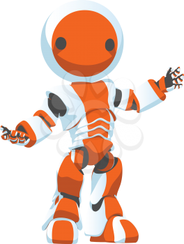 A bright white and orange robot presenting an idea in an attractive manner. 