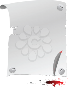 Royalty Free Clipart Image of a Blank Page With Tacks in the Corner and an Ink Spill in the Bottom