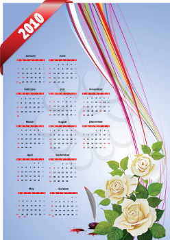 Royalty Free Clipart Image of a 2010 Calendar With Roses in the Corner