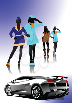 Royalty Free Clipart Image of Stylish Girls and a Luxury Car