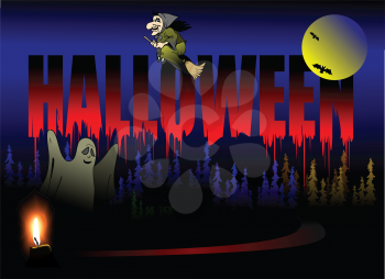 Royalty Free Clipart Image of Halloween With a Ghost, Witch and Full Moon