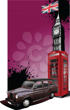 Royalty Free Clipart Image of a London Cab, Phone Booth, Big Ben and a Union Jack