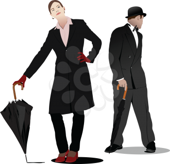 Royalty Free Clipart Image of a Man and a Woman With an Umbrella