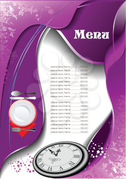 Royalty Free Clipart Image of a Menu With a Place Setting at the Side and Clock at the Bottom
