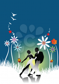 Royalty Free Clipart Image of a Dancing Couple With Flowers in the Background