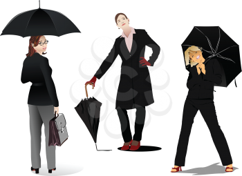 Royalty Free Clipart Image of Three Women With Umbrellas