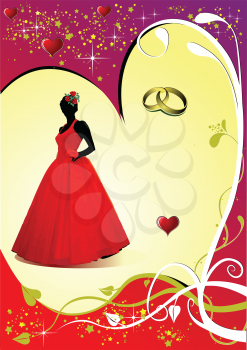 Royalty Free Clipart Image of a Bridesmaid in Red, Rings and a Heart