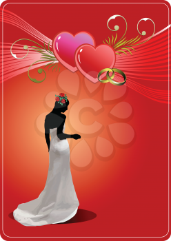 Royalty Free Clipart Image of a Woman in a Long Gown, Two Hearts and Two Rings