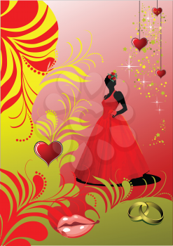 Royalty Free Clipart Image of a Bridesmaid With Hearts in the Corner, a Mouth and Rings at the Bottom