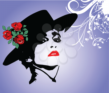 Royalty Free Clipart Image of a Woman Wearing a Hat With Roses
