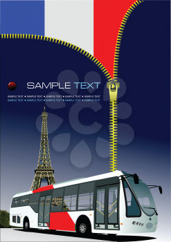 Royalty Free Clipart Image of a Zipper Opening on a French Flag With the Eiffel Tower and a Bus at the Bottom