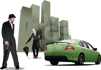 Royalty Free Clipart Image of a Man and Woman Near a Green Car and Buildings
