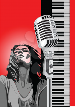 Royalty Free Clipart Image of a Woman, Microphone and Keyboard