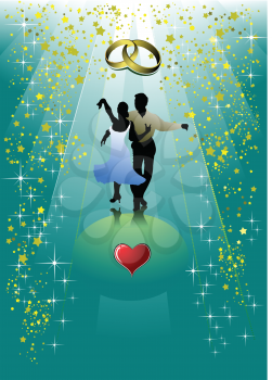 Royalty Free Clipart Image of a Couple Dancing Between a Heart and Wedding Bands on a Green Background