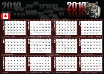 Royalty Free Clipart Image of a 2010 Calendar With a Tiger