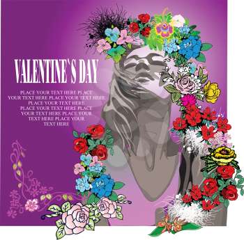 Royalty Free Clipart Image of a Valentine's Day Greeting With Space For Text and a Girl With Flowery Hair
