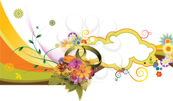 Royalty Free Clipart Image of a Wedding Rings and Flowers Design