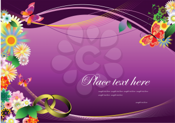 Royalty Free Clipart Image of a Flowers, Rings and Butterflies on a Purple Background