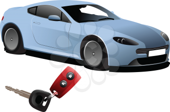 Blue car sedan on the road and key ignition. Vector illustration