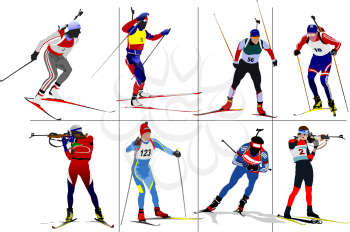 Eight biathlon runners. Colored Vector illustration