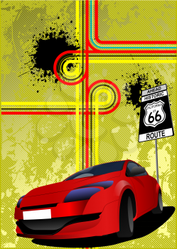 Cover for brochure with junction,  traffic sign and red car images. Vector